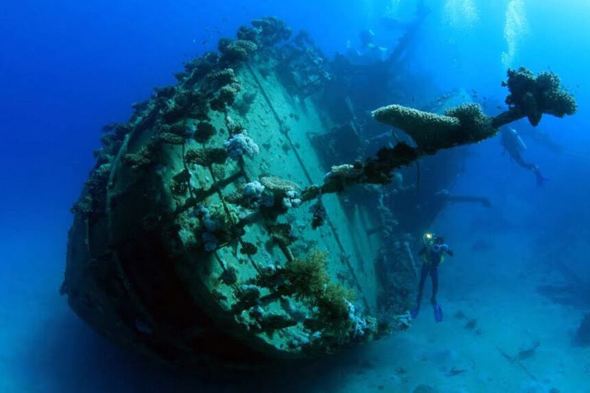 Diver exploring the bow of a large sunken shipwreck