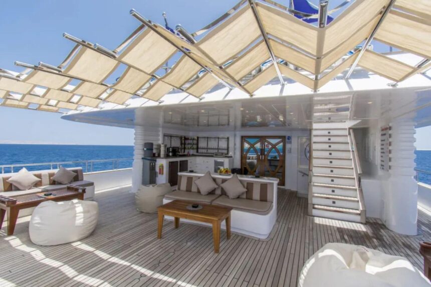 En suite bathroom with a walk in shower aboard the Golden Dolphin IV