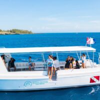 Divers relaxing aboard a Mayan Divers dive boat near Roatan's coastline