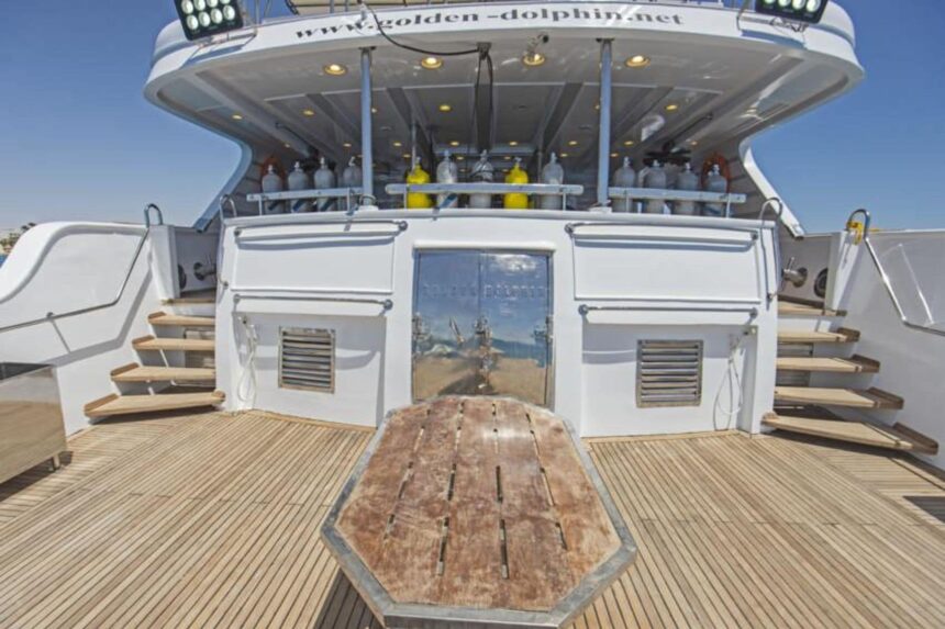 Rear dive deck and sun bed of the Golden Dolphin II liveaboard