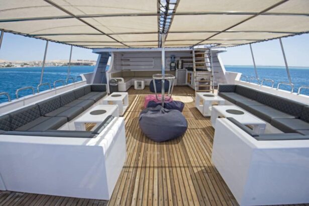 Wide view of the shaded sundeck lounge area aboard the Golden Dolphin II