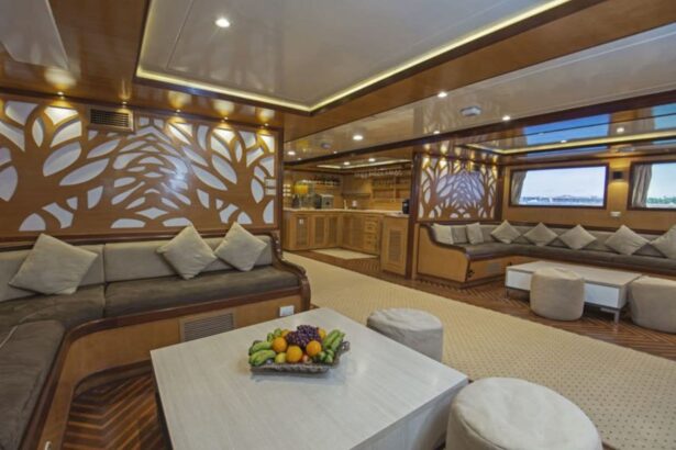 Indoor lounge aboard the Golden Dolphin II with sofas and a fruit bowl on the table
