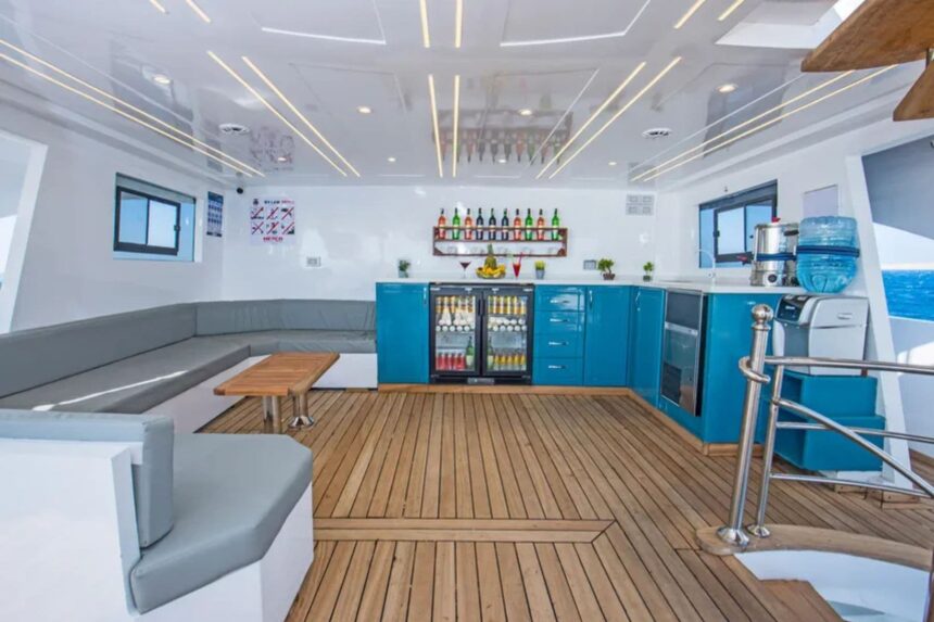 Onboard bar and lounge seating aboard the SS Glorious Miss Nouran liveaboard