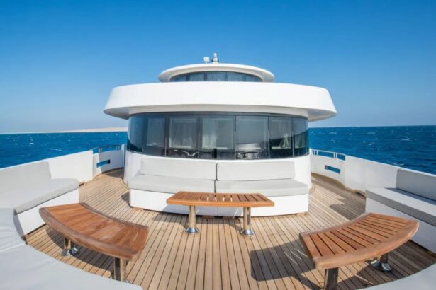 Aft deck lounge with wooden benches aboard the SS Glorious Miss Nouran