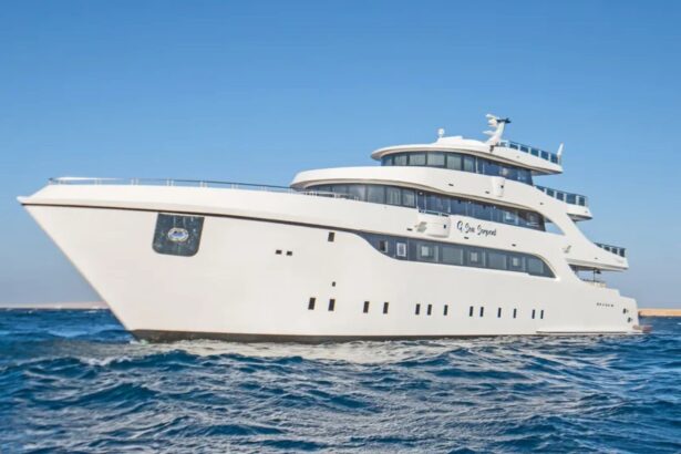 The SS Glorious Miss Nouran liveaboard yacht at sea, side profile view
