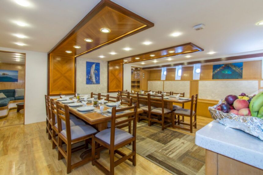 wood-paneled lounge with a bar and TV aboard the Golden Dolphin III