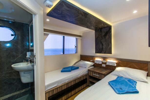 twin cabin aboard the Golden Dolphin III with a marble accent wall and ocean-view window