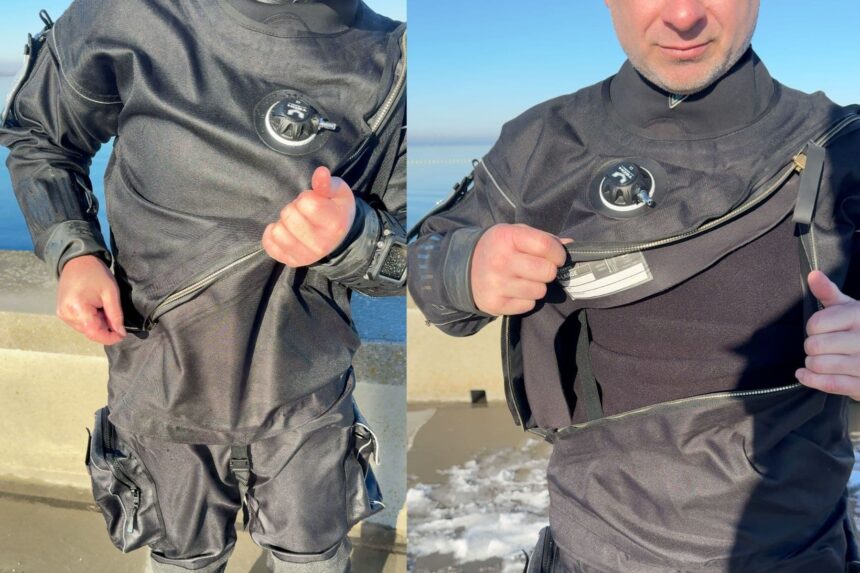 Northern Diver HID Front Zipper Our reviewer opening the front zipper of the Northern Diver HID drysuit in two side by side views