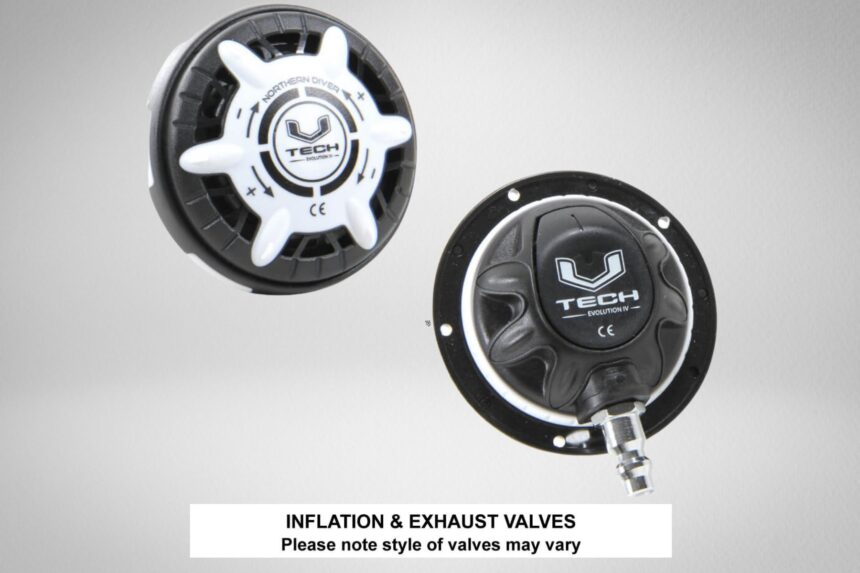 Northern Diver V-Tech inflation and exhaust valves shown against a plain grey studio background