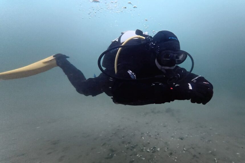 BARE Sentry Tech Cold Water Dive DIVEIN tester finning just above a sandy bottom in the BARE Sentry Tech drysuit