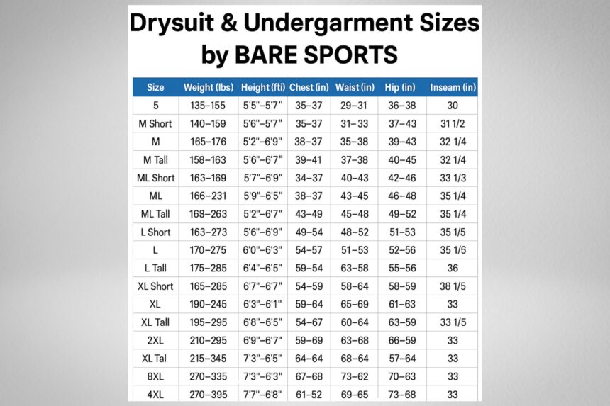 BARE Drysuit Size Chart BARE Sports drysuit and undergarment size chart listing weight, height, chest, waist, hip and inseam