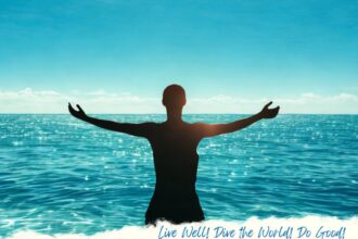Silhouette of a person with arms outstretched against the sea, promoting the SeaSave.org dive vacation auction