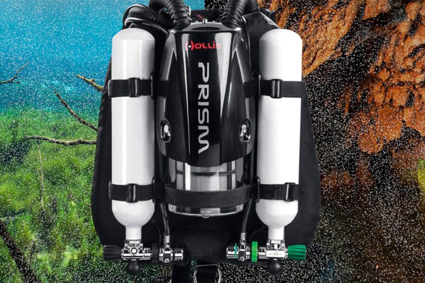 The electronic Hollis Prism2 rebreather features a transparent scrubber canister, making it easy for divers to verify that their scrubber has been packed and fitted.