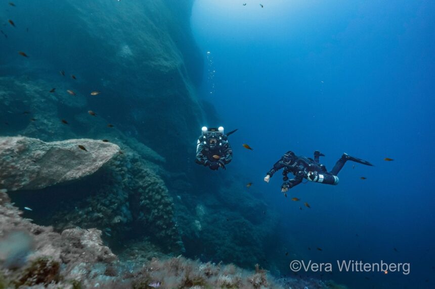 In the back-mount category, the rEvo rebreather (shown left) is one of the lighter choices you could make. (Image courtesy of Vera Wittenberg)