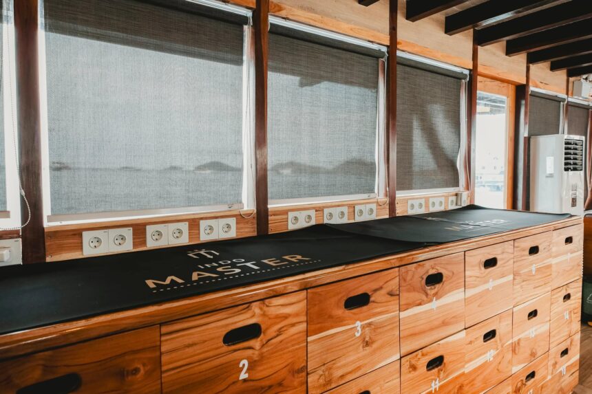 wooden charging station with power outlets and labeled camera storage drawers on the Indo Master