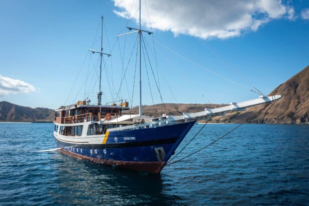 Indo Master liveaboard anchored near hills with sails and gangway raised