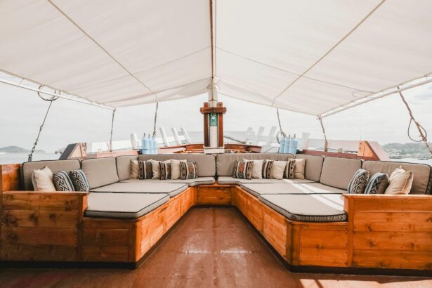 Covered lounge seating with cushions on the Indo Master main deck