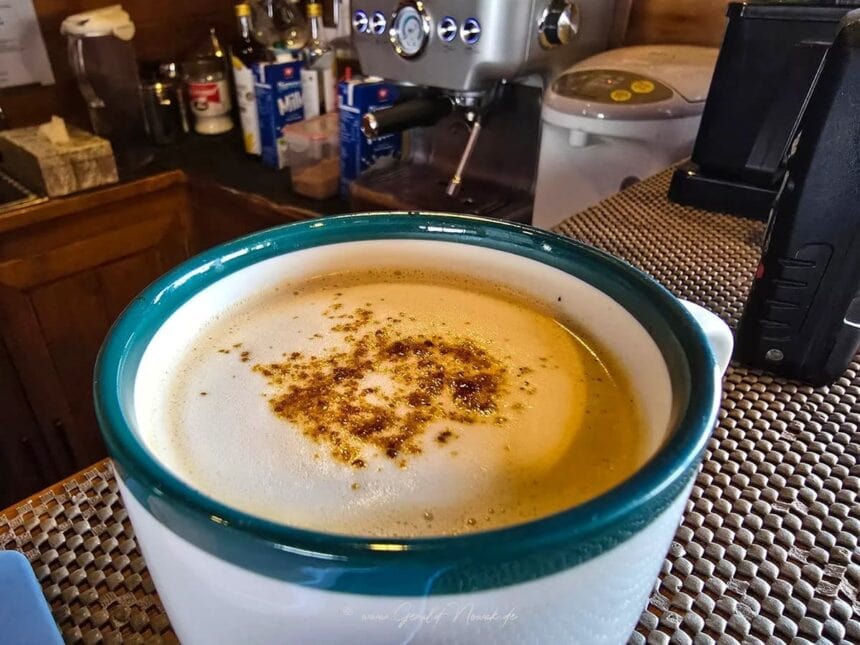 Latte with cinnamon dusting from the espresso bar on the Indo Master