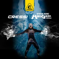 Cressi and Steve Aoki HiroQuest Paragon collaboration graphic with a diver silhouette