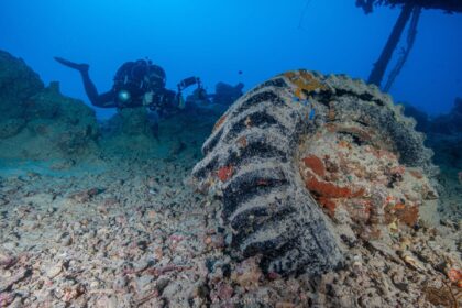 Coral-encrusted truck tyre on the Thistlegorm wreck with a diver and camera rig in the background