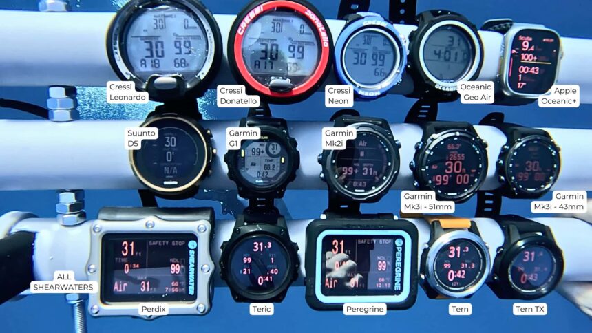Underwater rack of dive computers labelled by model, from Cressi and Suunto to Garmin, Apple and Shearwater
