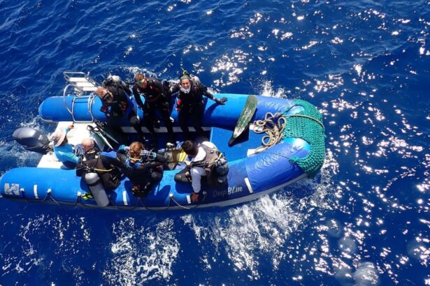 Divers geared up aboard an inflatable tender heading out to a dive site