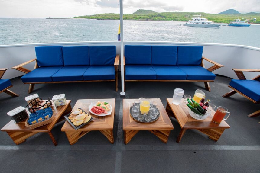 Outdoor deck sofas with fruit, juice and snacks laid out on the coffee tables