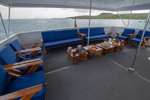 Blue upholstered sofas and wooden coffee tables on the covered outdoor deck