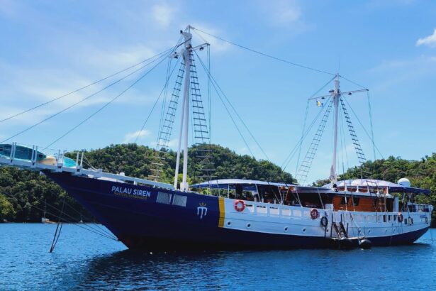 The Palau Siren traditional schooner moored in a green, forested harbor