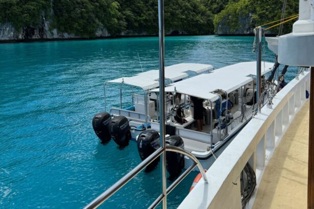 A dive tender boat with outboard motors moored in a turquoise lagoon between cliffs