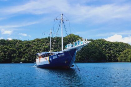 The Palau Siren liveaboard anchored near a lush jungle coastline
