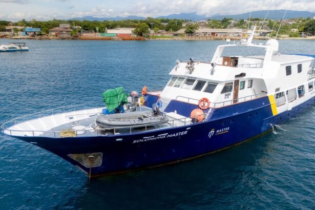The Solomons Master liveaboard yacht anchored near the Solomon Islands coastline