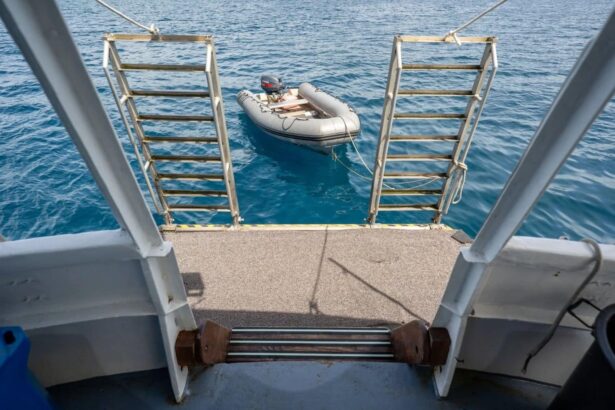 View of the drop-down dive platform and tender dinghy from the Solomons Master's stern