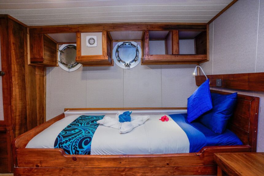 Cabin bed aboard the Solomons Master decorated with a towel swan and hibiscus flower