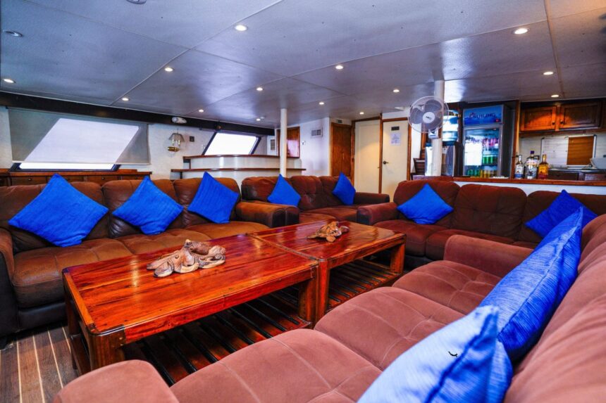 Leather lounge seating and bar area in the saloon of the Solomons Master