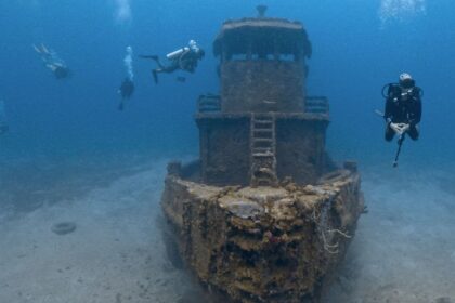Divers exploring an encrusted shipwreck sitting upright on the sand at Wreck Alley in the British Virgin Islands