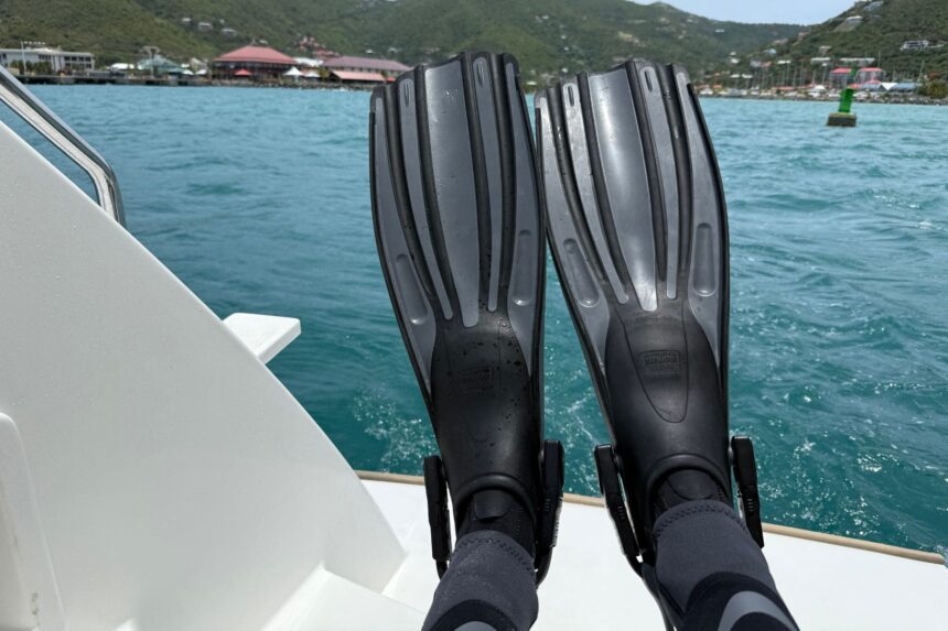 Pair of Fourth Element Rec fins worn on a boat deck with a green island shoreline behind