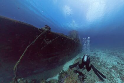 Diver photographing the reef with an underwater camera housing while another diver looks on nearby