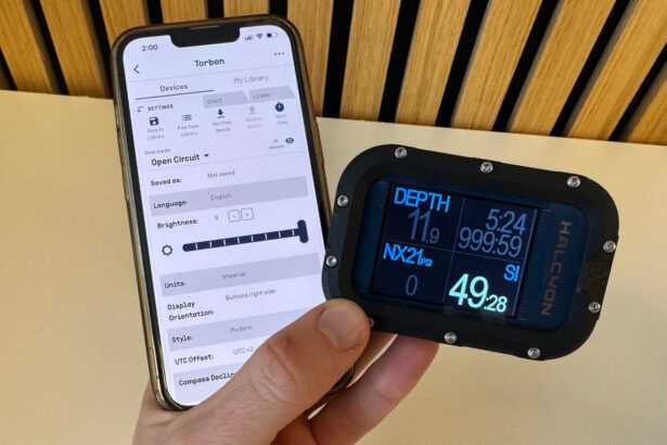 Close-up of the Halcyon Symbios app brightness and units settings next to the dive computer