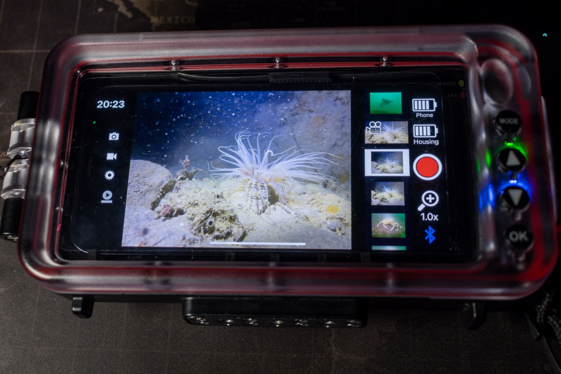 Close-up of the Oceanic+ housing touchscreen with a gallery thumbnail highlighted