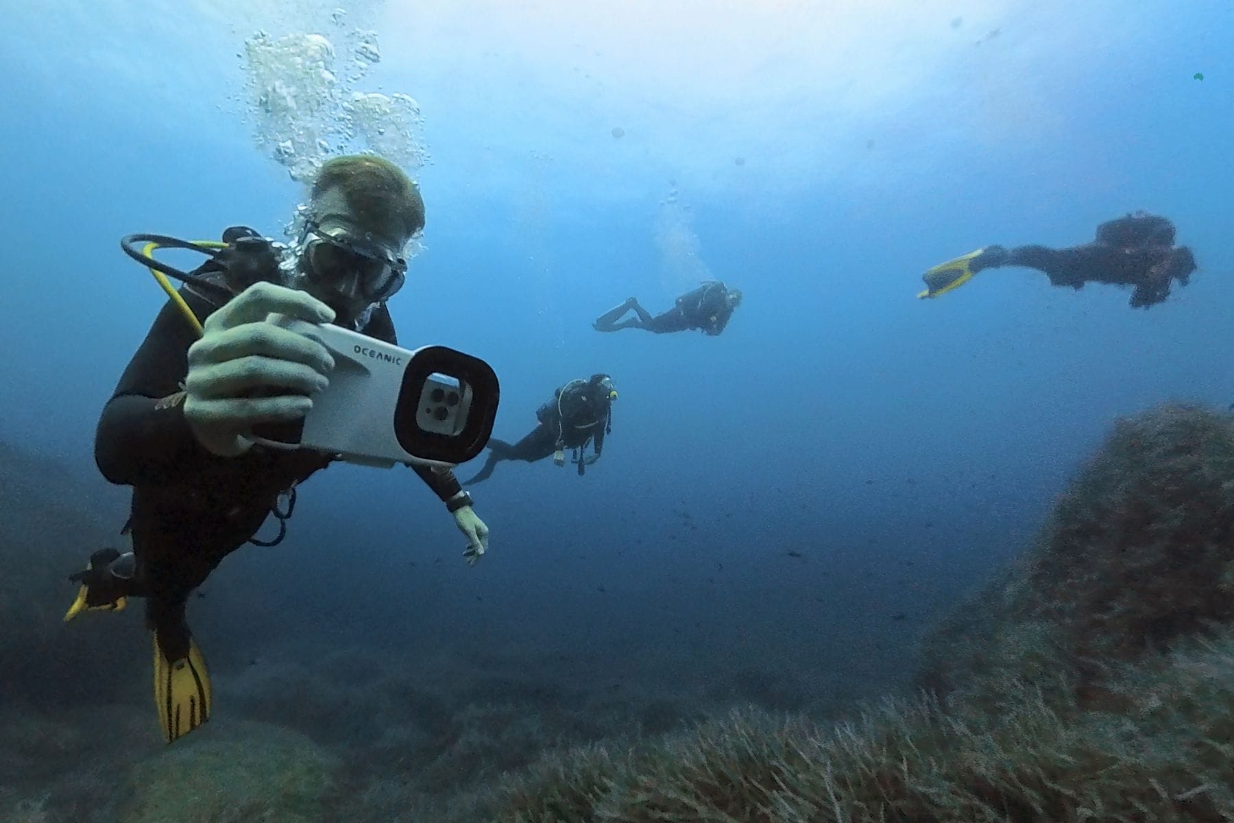 DIVEIN tester holding the white Oceanic+ housing up to frame a photo during a test dive