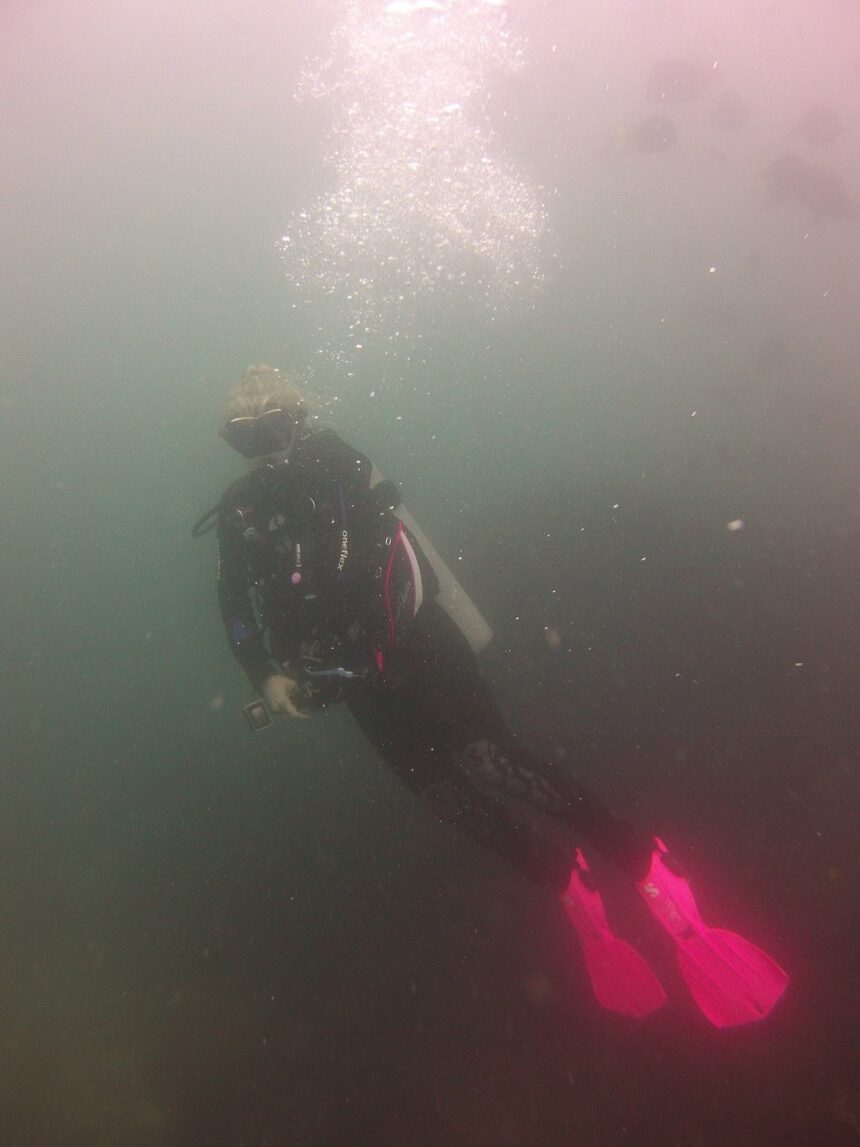 TUSA Tina Tested In Green Water DIVEIN tester diving in the TUSA Tina BCD with pink fins in murky green water