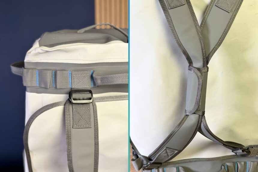 Abyss Duffel Straps And Harness Split view of the Stahlsac Abyss duffel side strap adjuster and its backpack harness