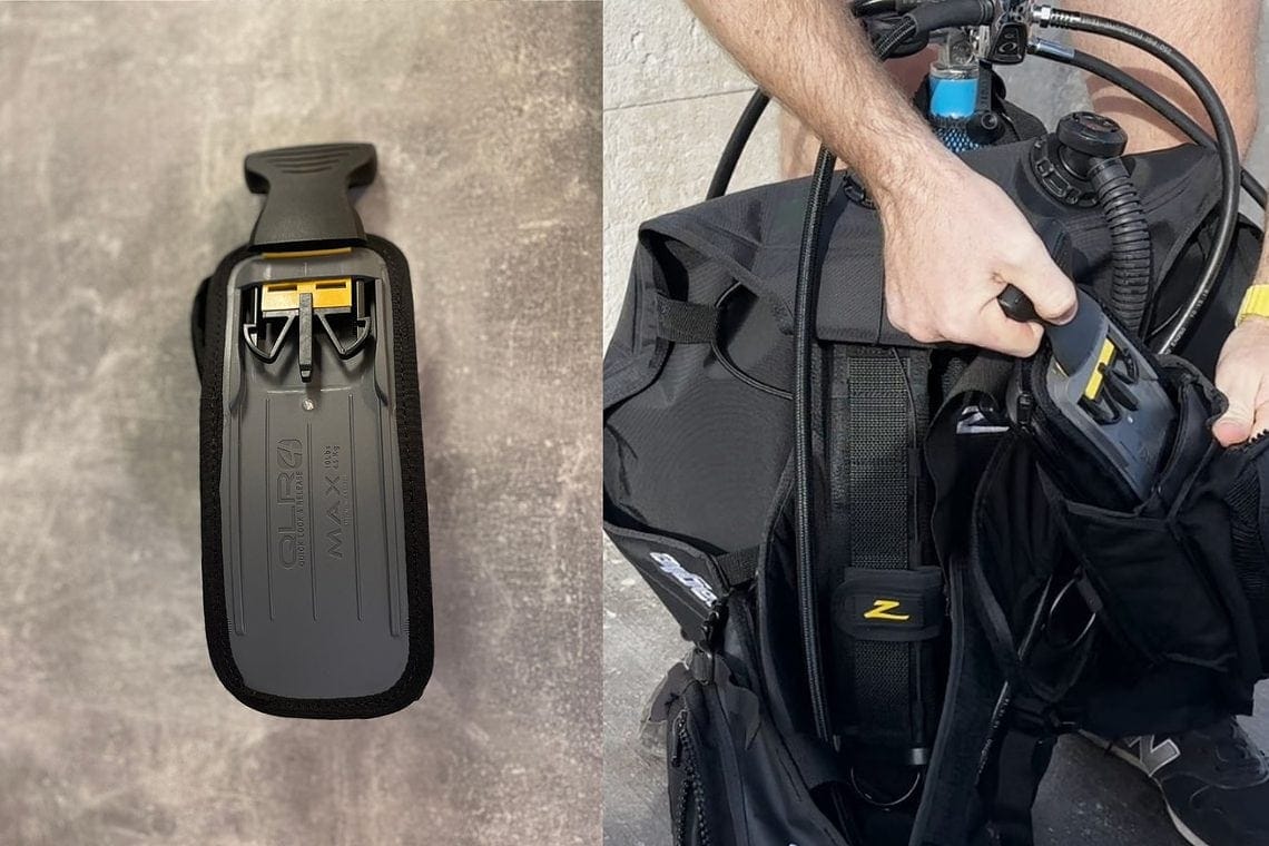 Zeagle Fury Ripcord weight pocket shown on its own and being slid into the BCD by our tester