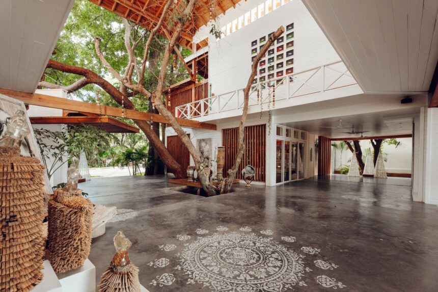 The lobby’s large, open ceiling design welcomes guests into the hotel.