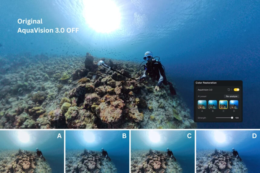 Both the desktop and mobile apps allow you to use Insta360’s auto color-correction, called Aquavision.
