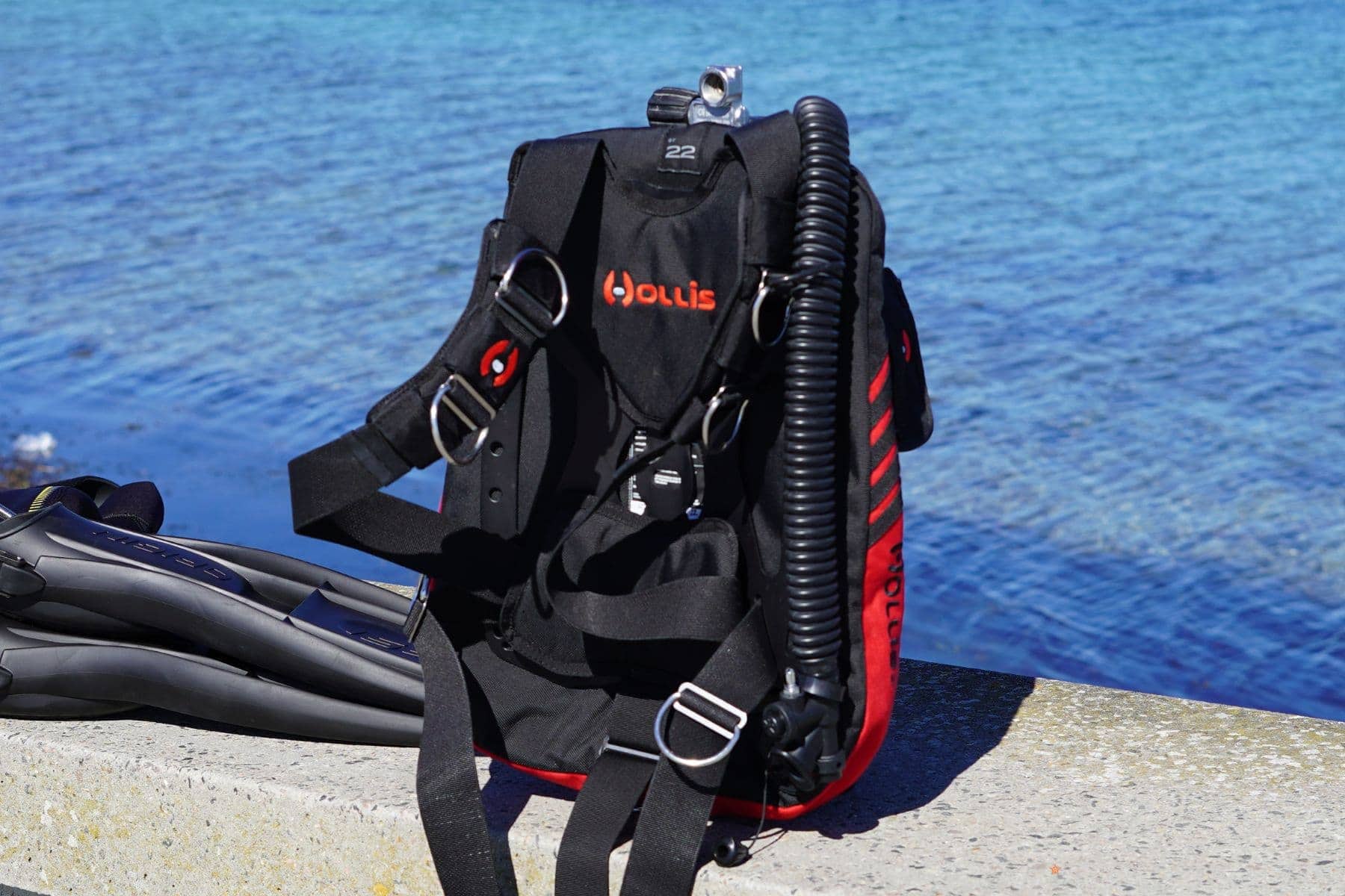 Hollis backplate and wing in black and red resting on a concrete edge beside blue water