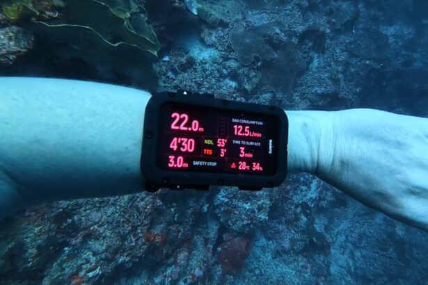 Our tester reading the Suunto Nautic on a bare forearm at 22 metres over a reef