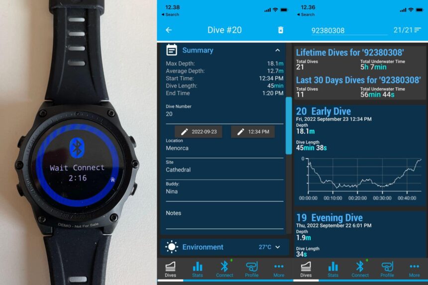 Shearwater Teric pairing over Bluetooth beside phone screens showing a logged dive in the app