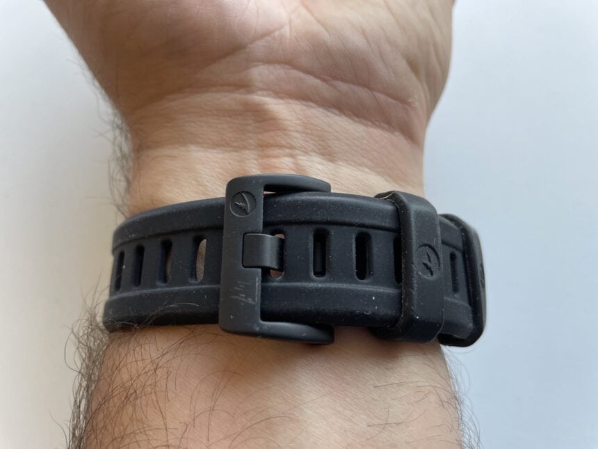 Shearwater Teric's perforated rubber strap buckled on our tester's wrist